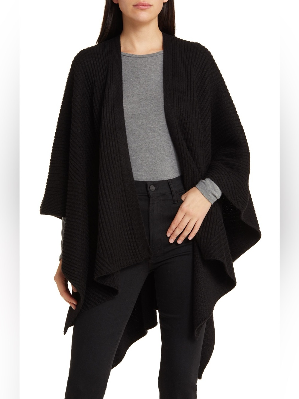 AllSaints Traveling Rib Knit Ruana Cape Black Open Front Poncho